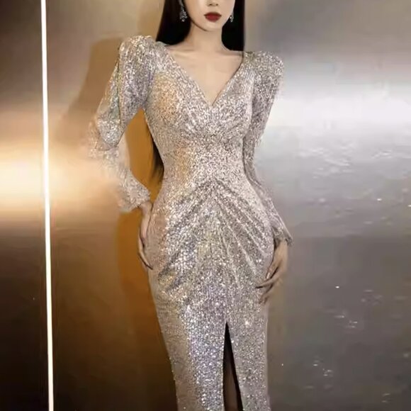 Glam Ruched Sequin Maxi Evening Dress - Picture 3 of 6